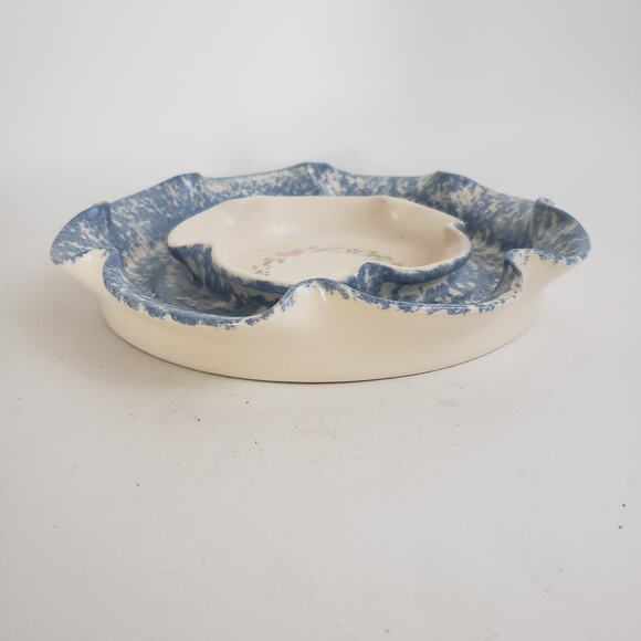 East Texas Pottery Marshall Blue Sponge Ware & Pink Hearts Salt Chip & Dip Plate - Picture 4 of 7